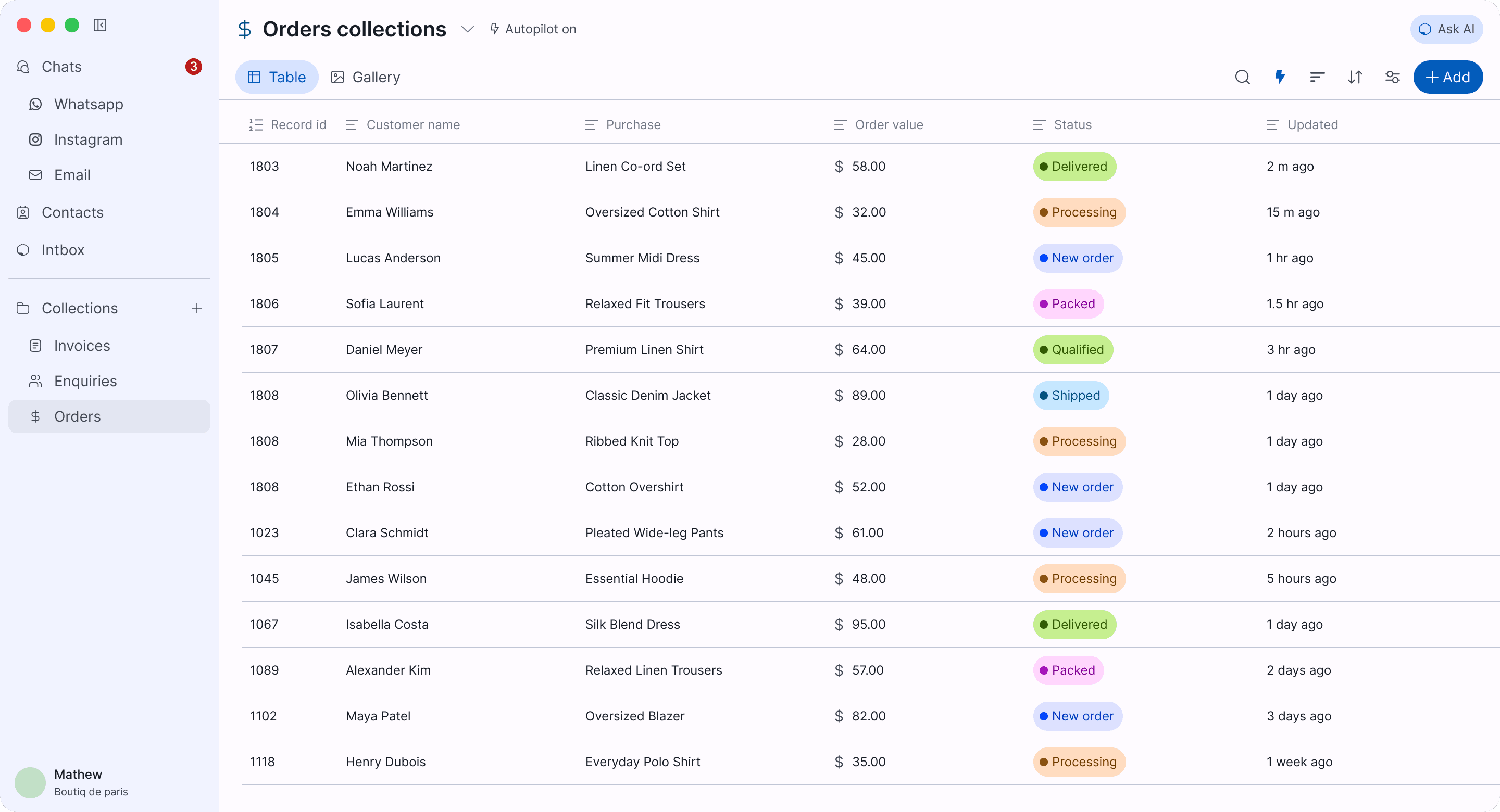 intbox on Mac: an Orders collection, one row per WhatsApp order with customer, purchase, value and status