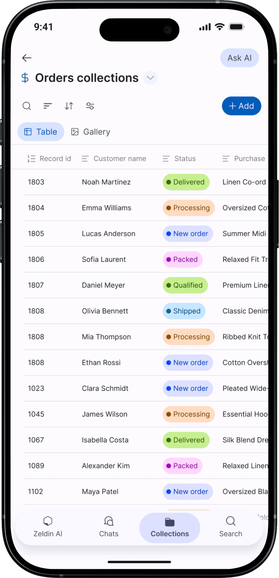 intbox on a phone: an Orders collection, one row per WhatsApp order with customer, status and purchase